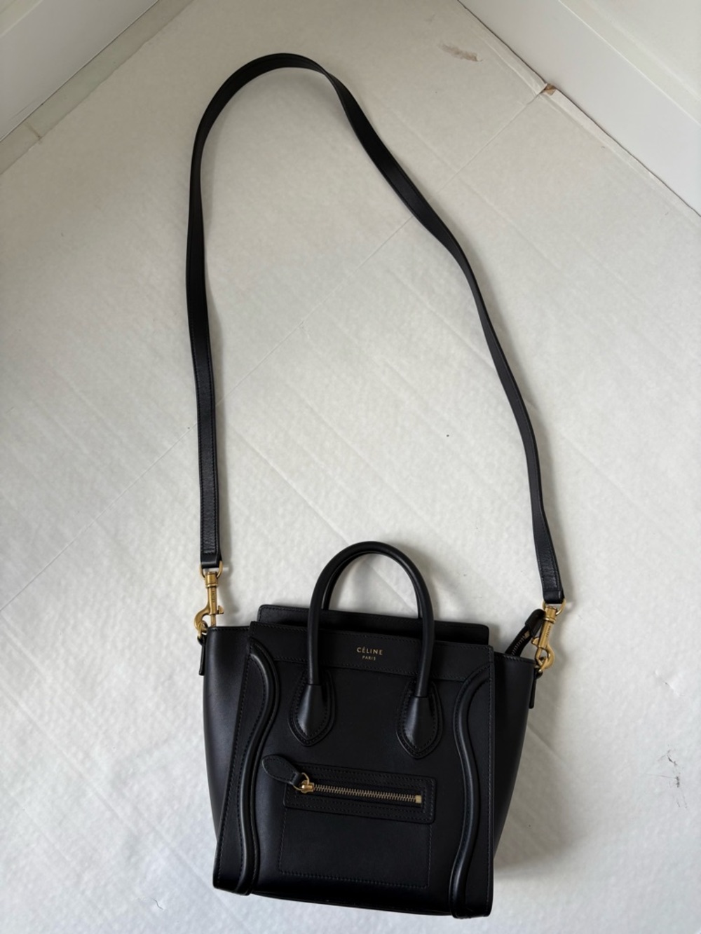 Celine Black Leather Luggage Nano Top Handle Bag Crossbody Gold Hardware Zip - Picture 13 of 14